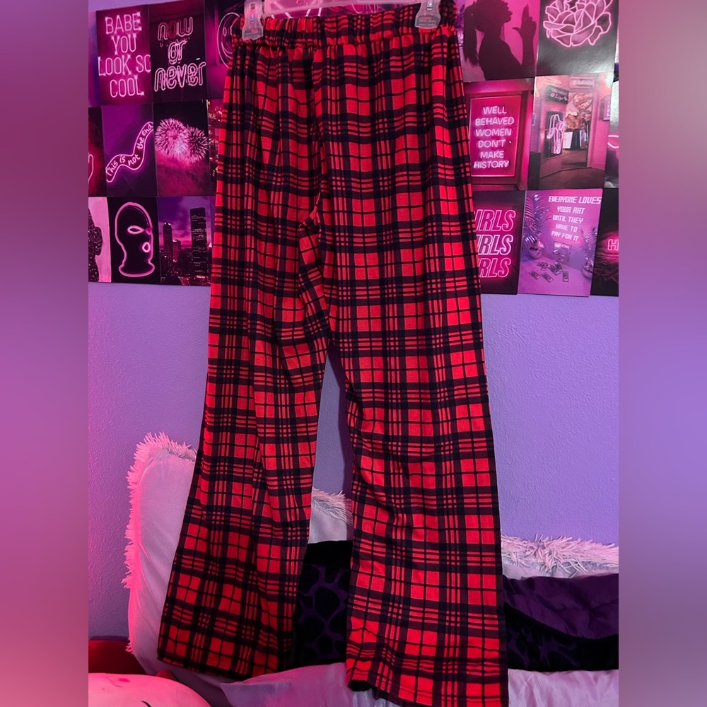 red & black plaid pj pants